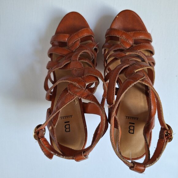 Y2K Bakers platform sandals strappy tan cognac leather cork caged chunky heels - Picture 3 of 12